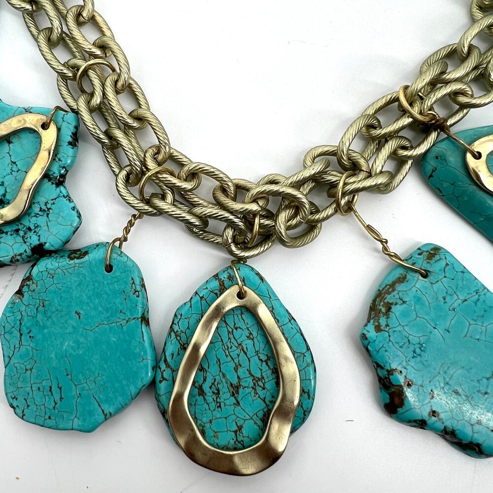 Vintage Artisan Turquoise Stone Slab And Gold Tone Chunky Necklace View 5